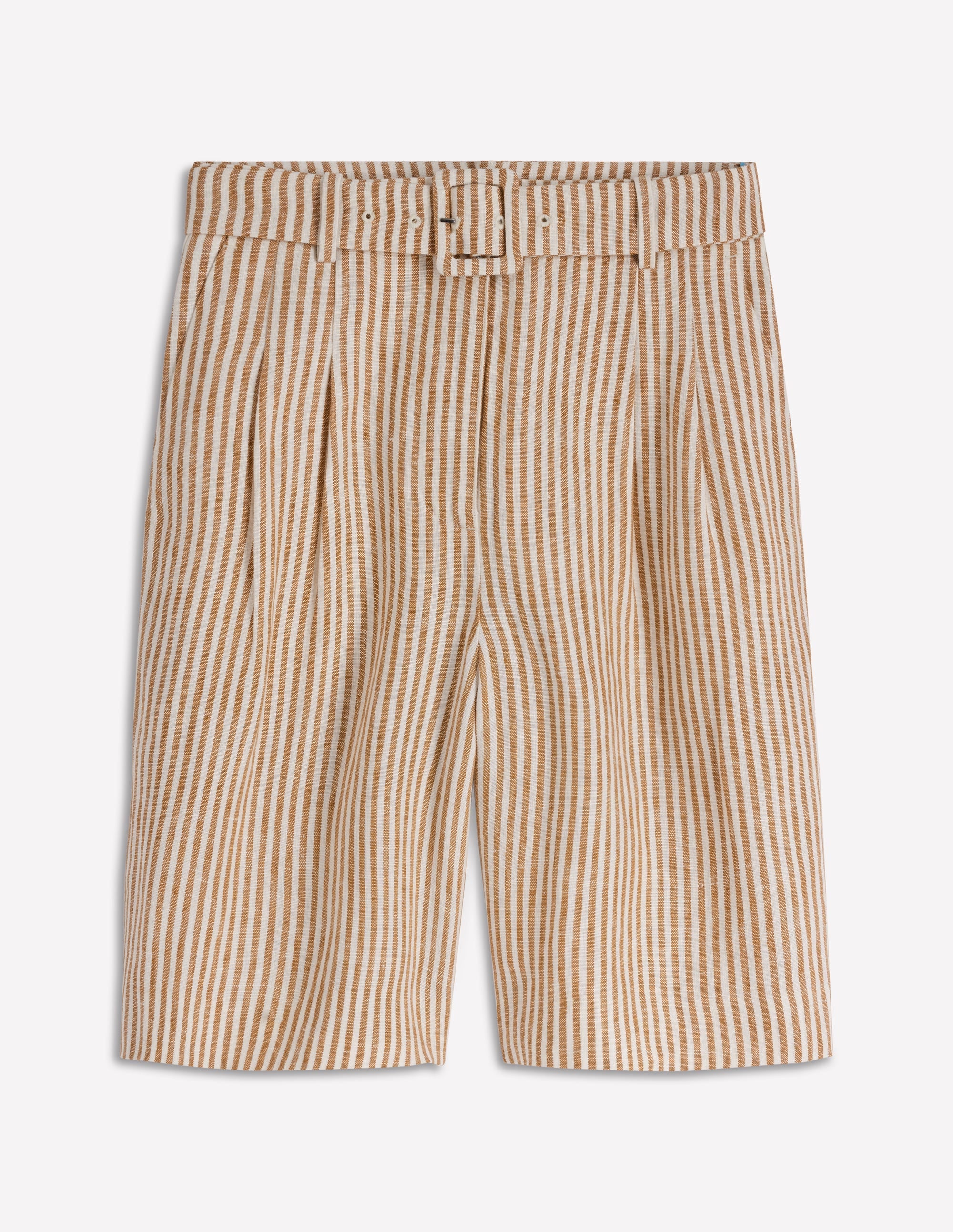 Chelsea Belted Linen Shorts-Brown, Ivory Ticking Stripe
