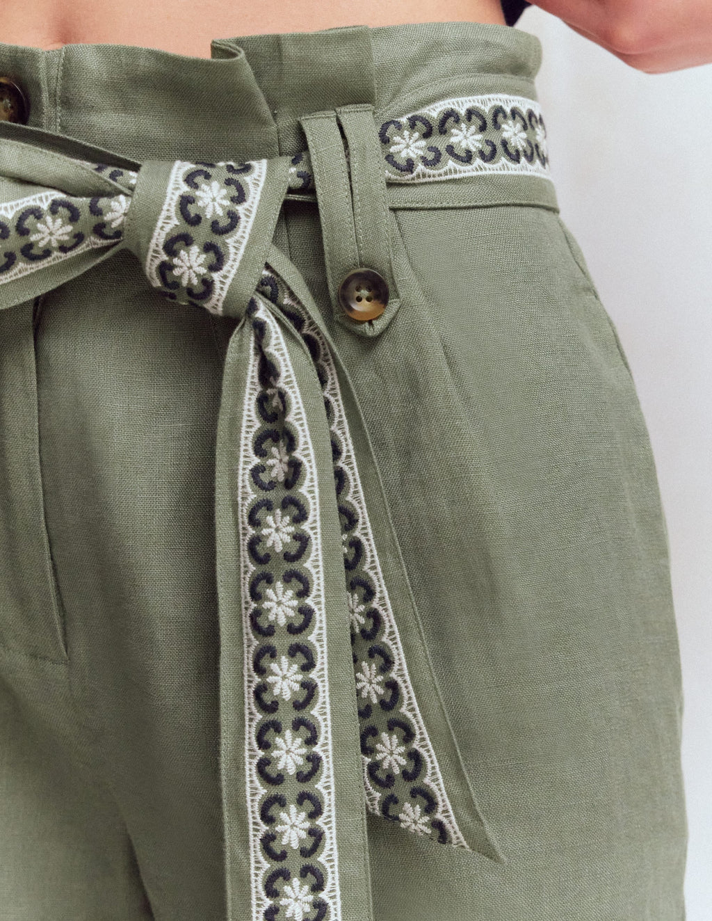 Paperbag Linen Belted Shorts-Green Grey Embroidery