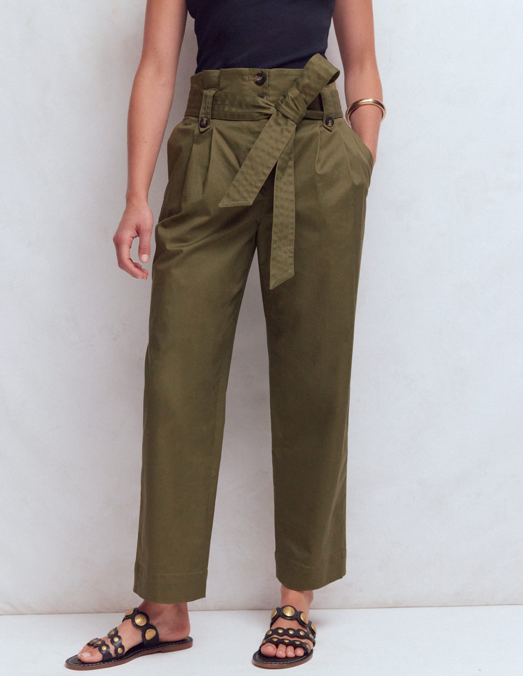 Paperbag Waist Trousers-Woodland Green