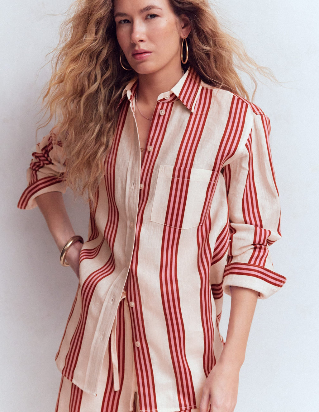 Sadie Relaxed Linen Shirt-Ivory, Brown, Pink Stripe