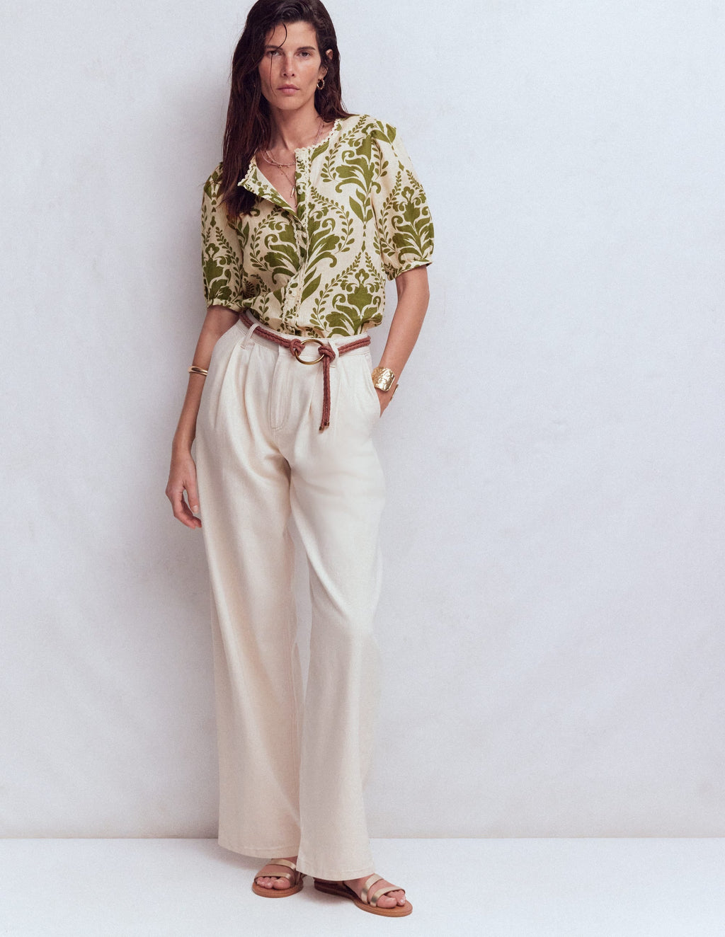 Leah Short Sleeve Linen Top-Green, Decorative Lattice