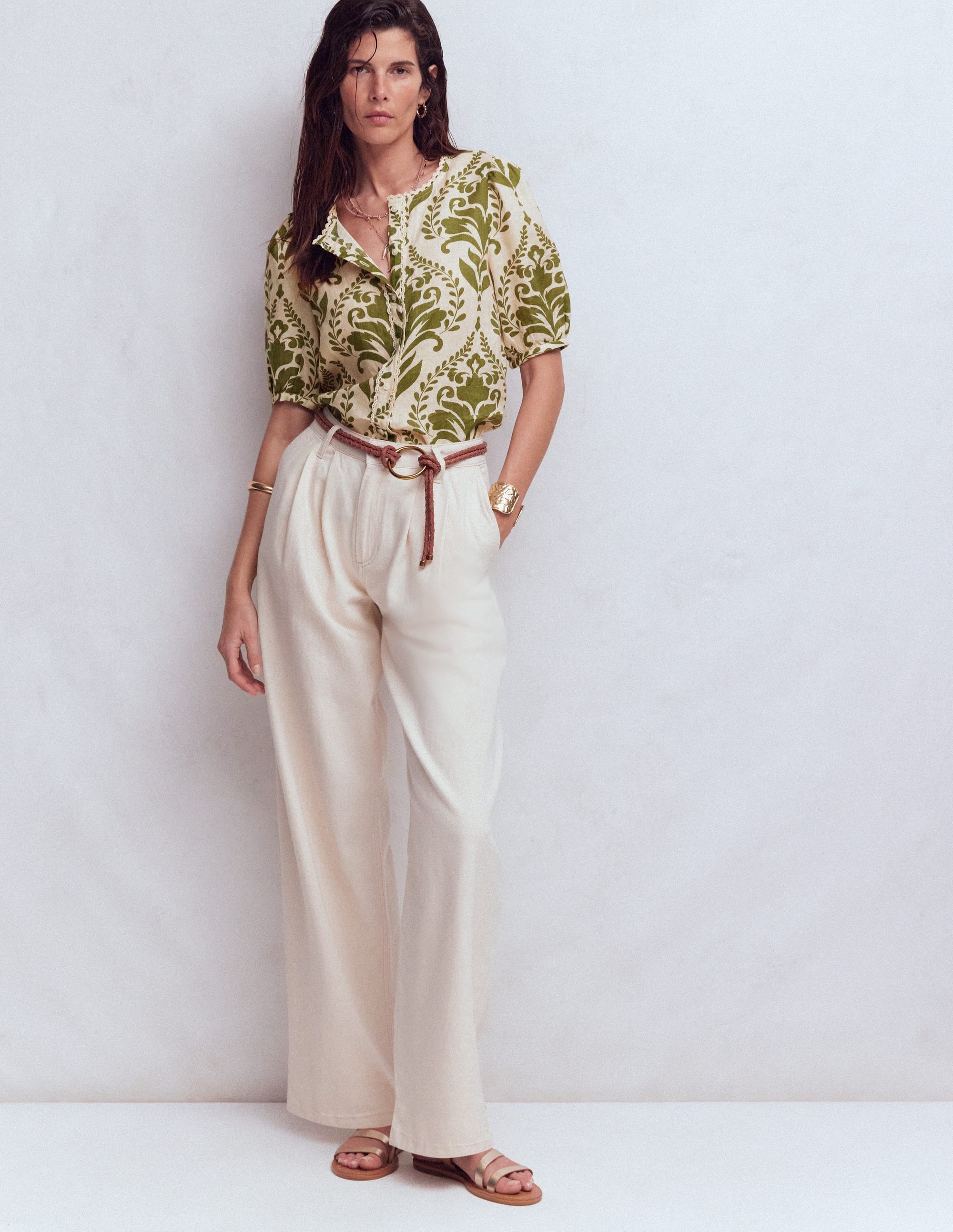 Leah Short Sleeve Linen Top-Green, Decorative Lattice