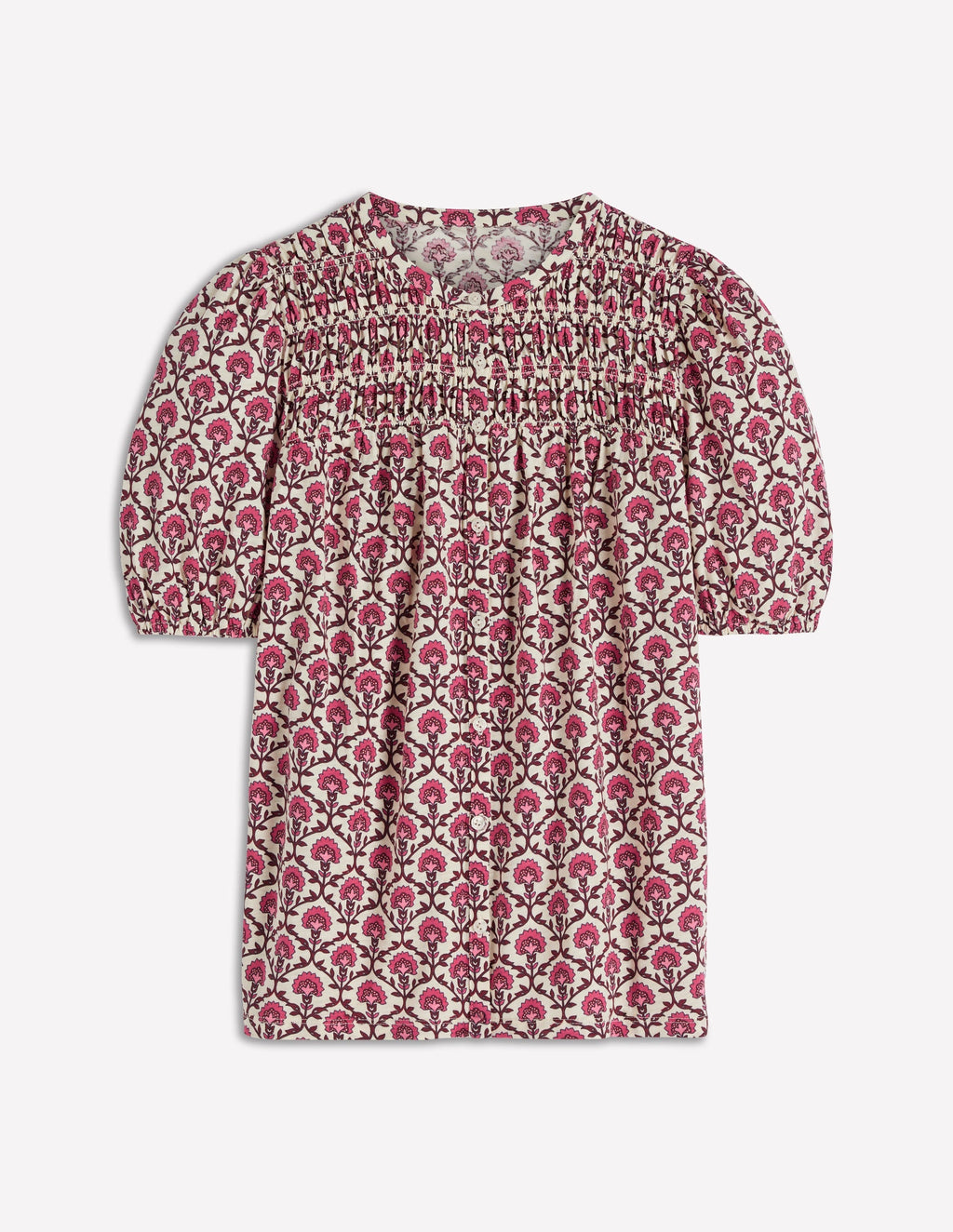 Mya Short Sleeve Smocked Shirt-Strawberry Pink,Flower Lattice