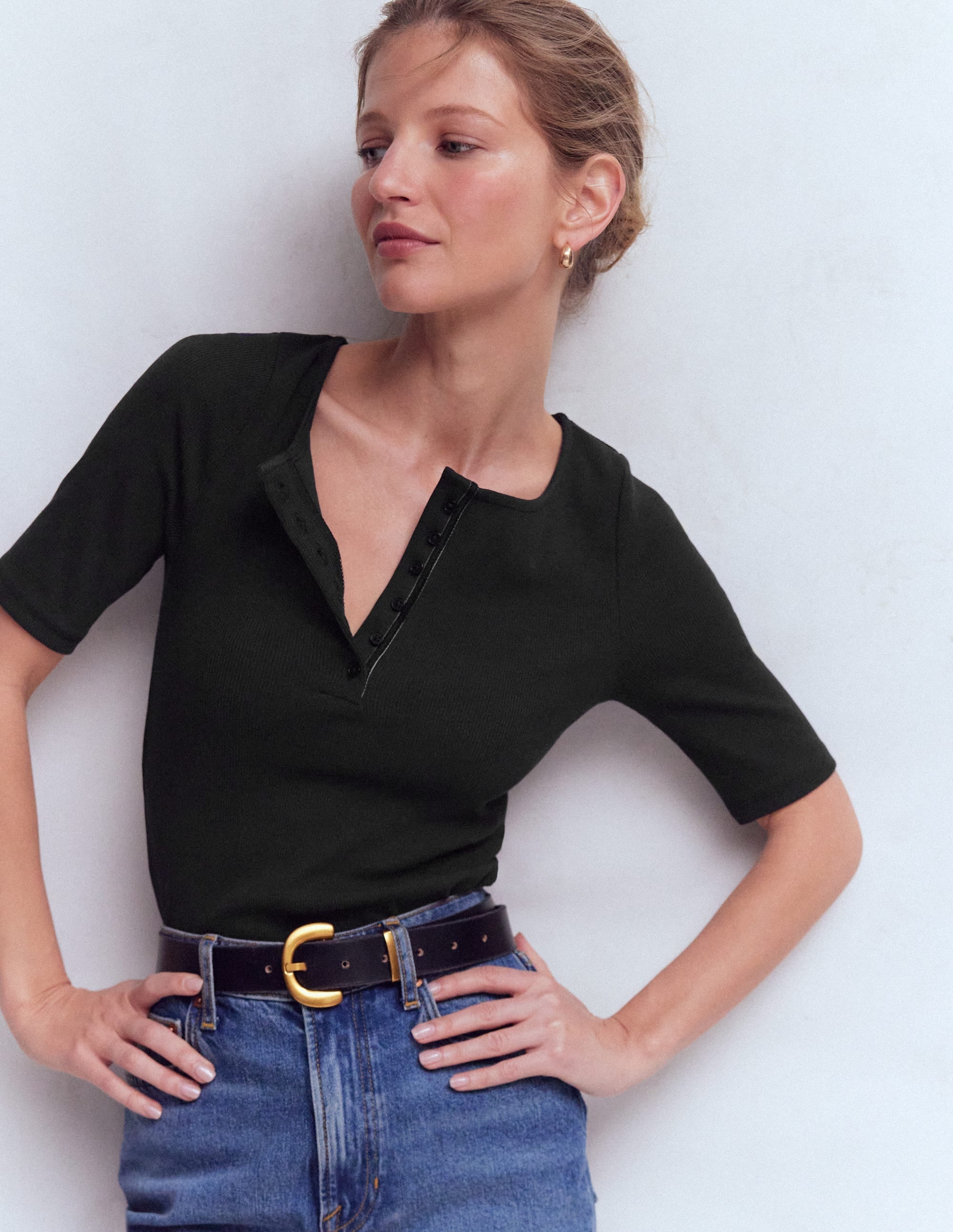 Short Sleeve Rib Henley-Black