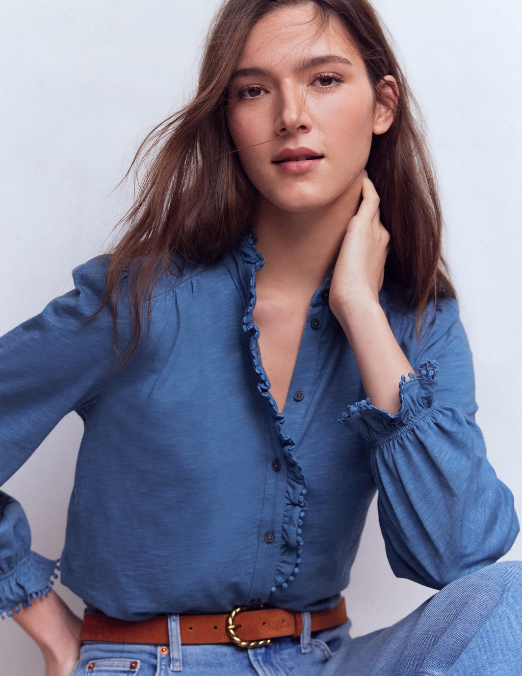 Emily Pom Trim Ruffle Shirt-Denim Blue
