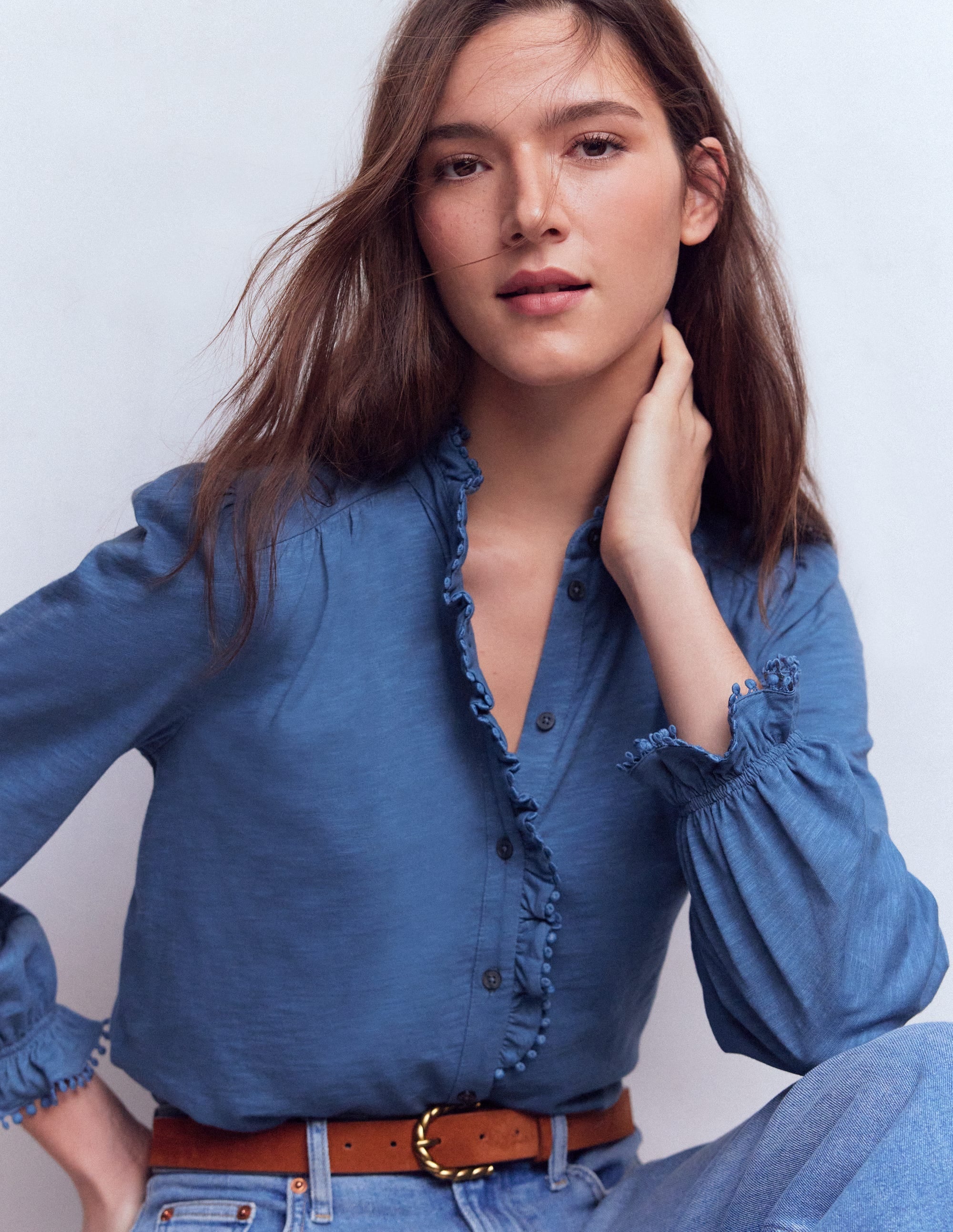 Emily Pom Trim Ruffle Shirt-Denim Blue