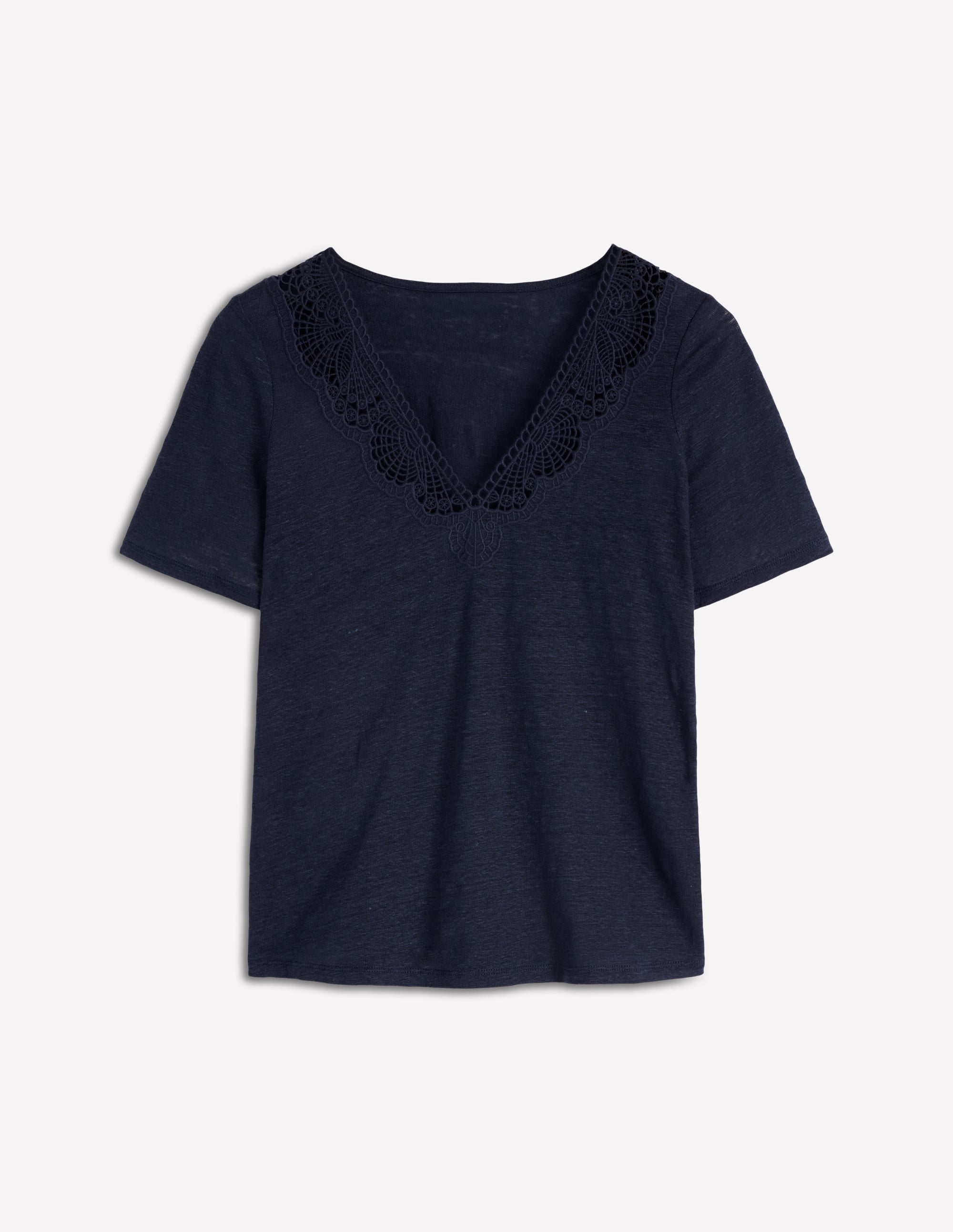 Tara Lace Trim Linen T-shirt-Navy Blazer