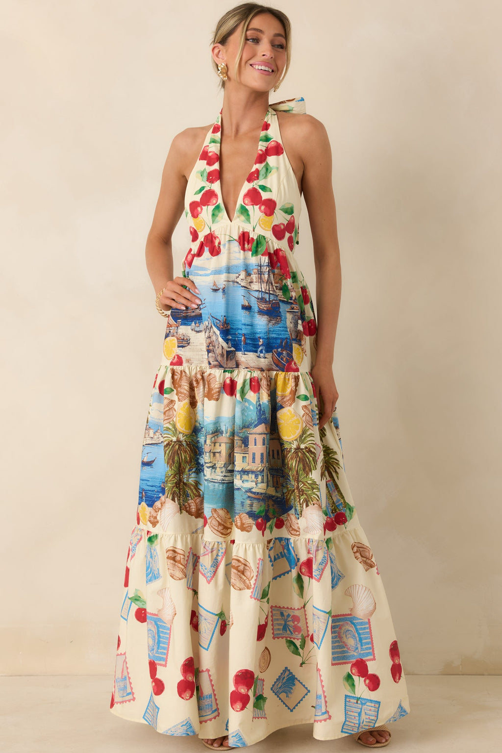 Market to Marina Ivory Multi Coastal Print Cotton Halter Maxi Dress