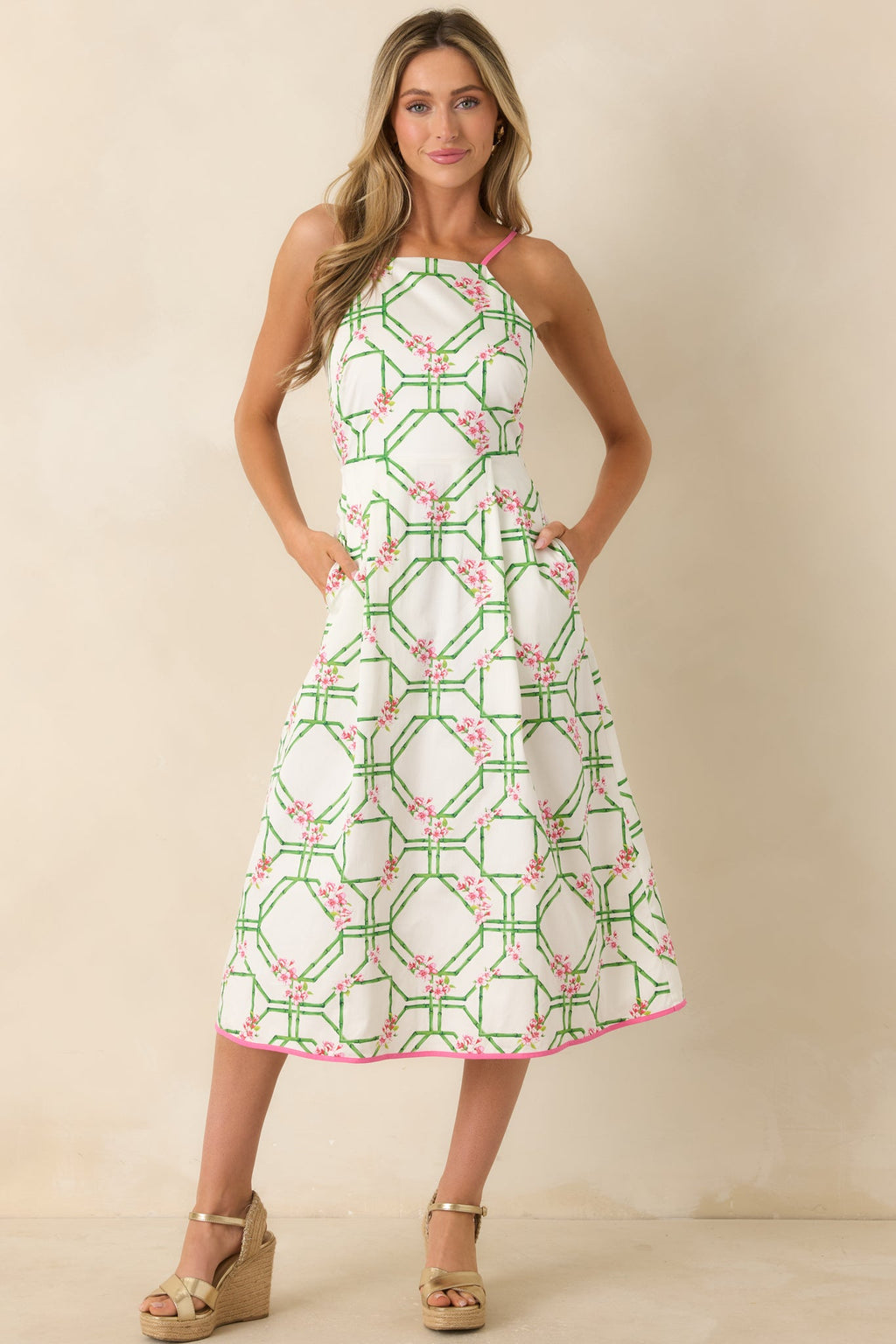 Prosperina Miriam White Multi Floral Trellis Cotton Midi Dress