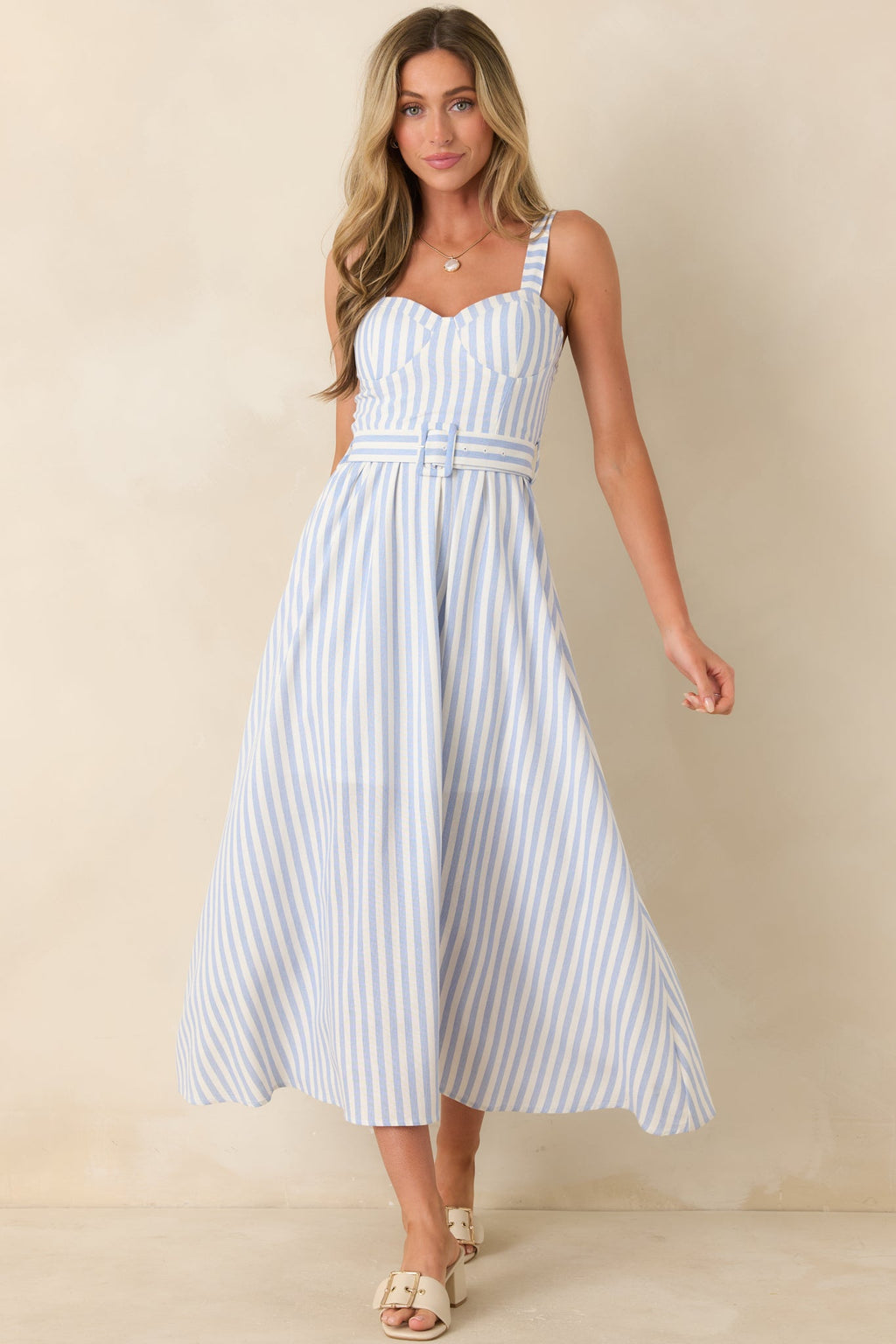 Already Thinking About It Blue Stripe Belted Bustier Midi Dress