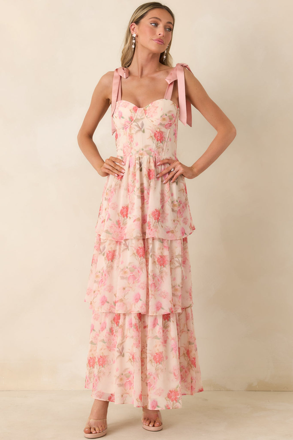 Written in Flowers Coral Pink Floral Tie Strap Maxi Dress