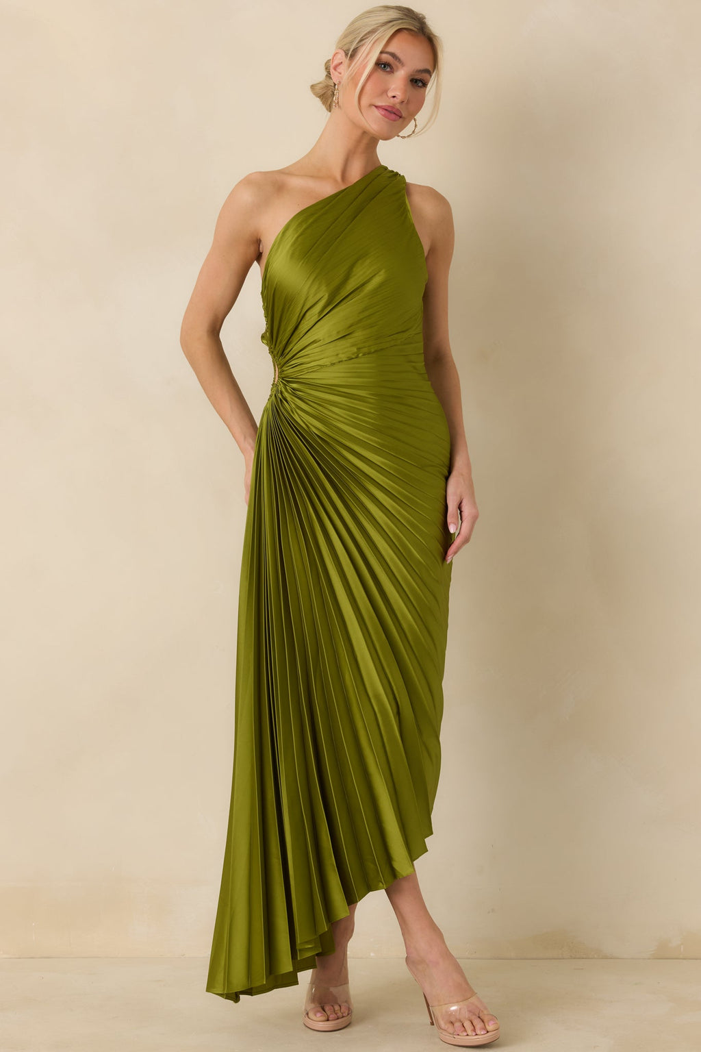 Poetic Charm Olive Green Asymmetric One Shoulder Maxi Dress