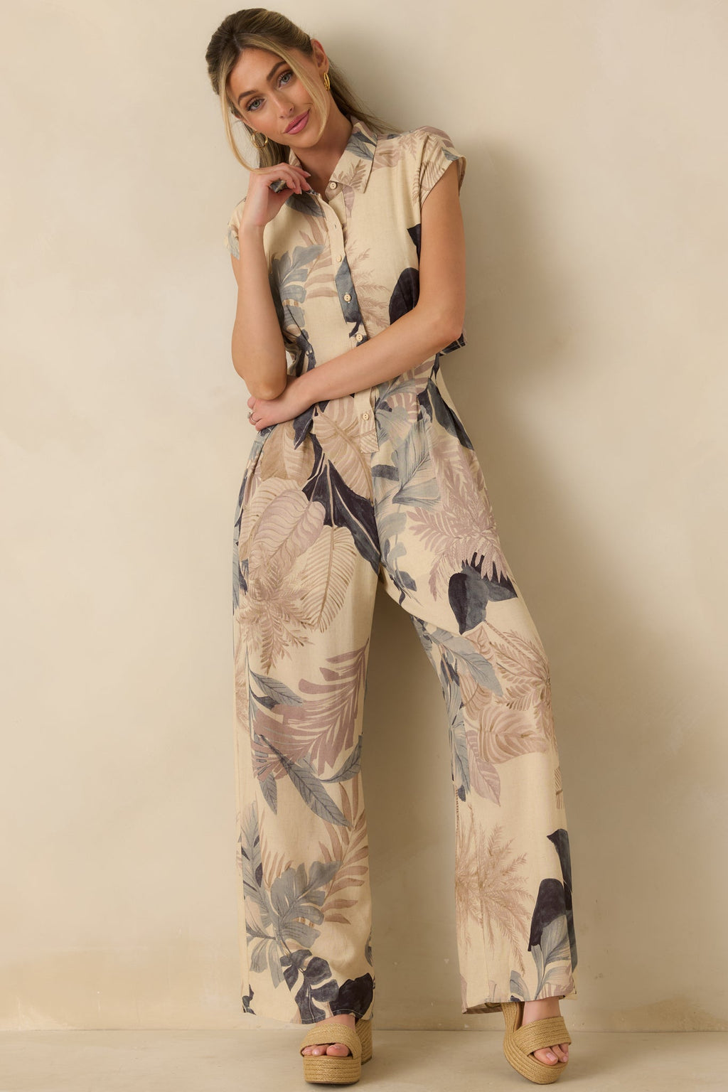 Take Me Somewhere Beige Multi Tropical Open Back Jumpsuit