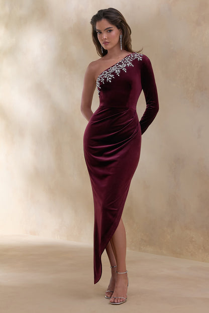 Nyssa | Burgundy Embellished Asymmetric-Neck Maxi Dress