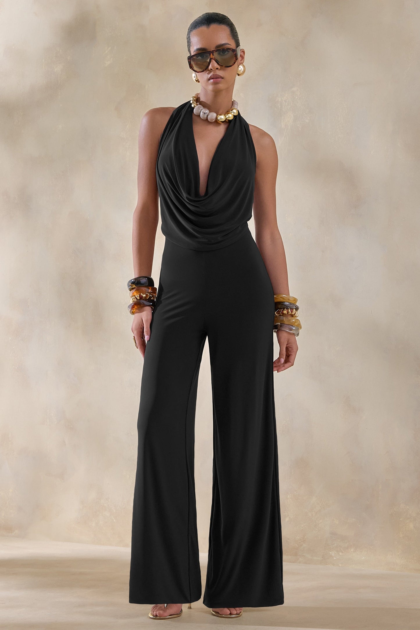 Clemence | Black Plunge-Neck Jumpsuit