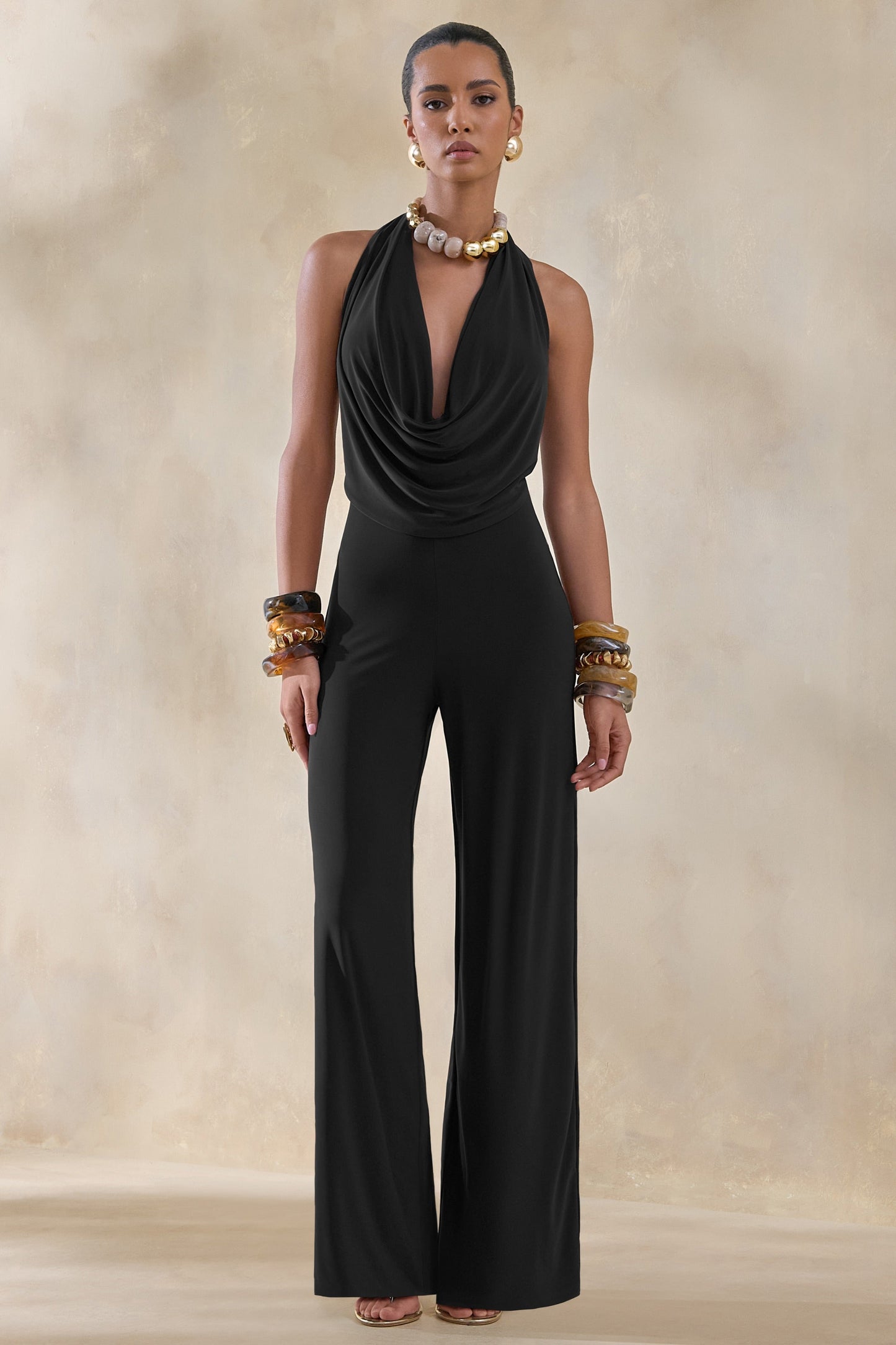 Clemence | Black Plunge-Neck Jumpsuit