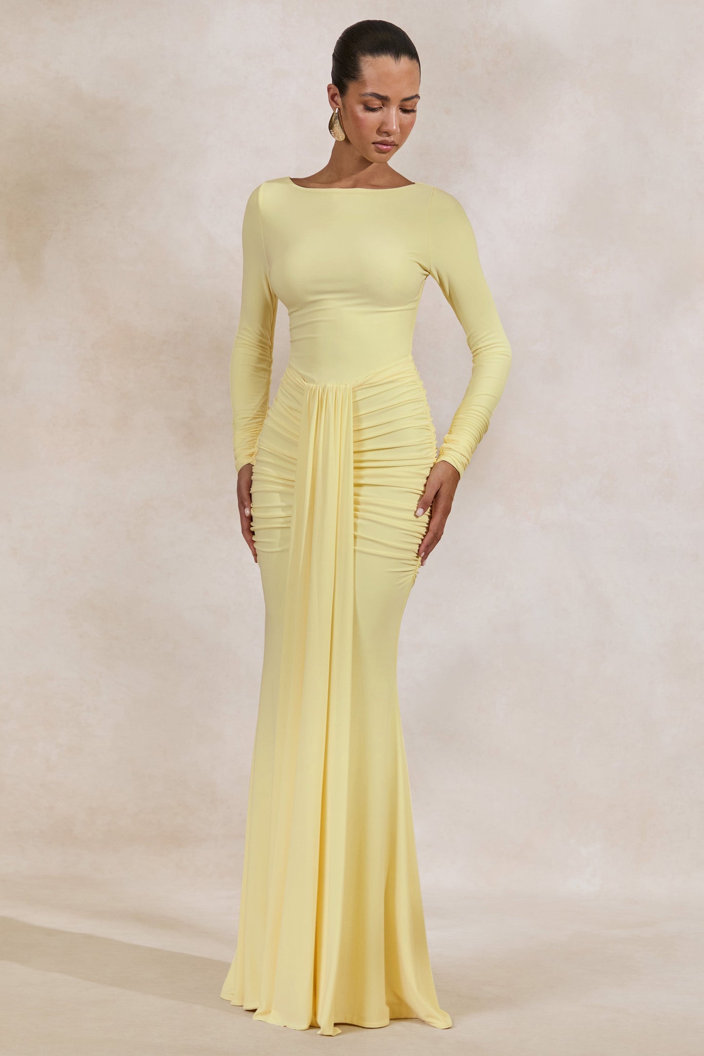 Liatris | Lemon Wide-Neck Maxi-Dress With Gathered-Detailing
