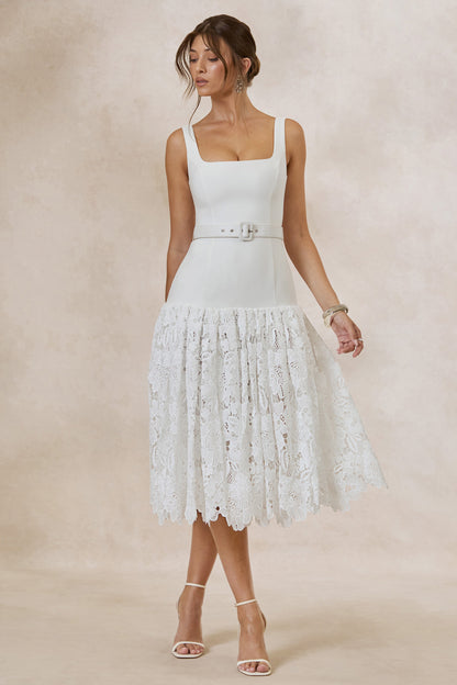 Norrie | White Lace Square-Neck Midi Dress With Voluminous Lace Skirt