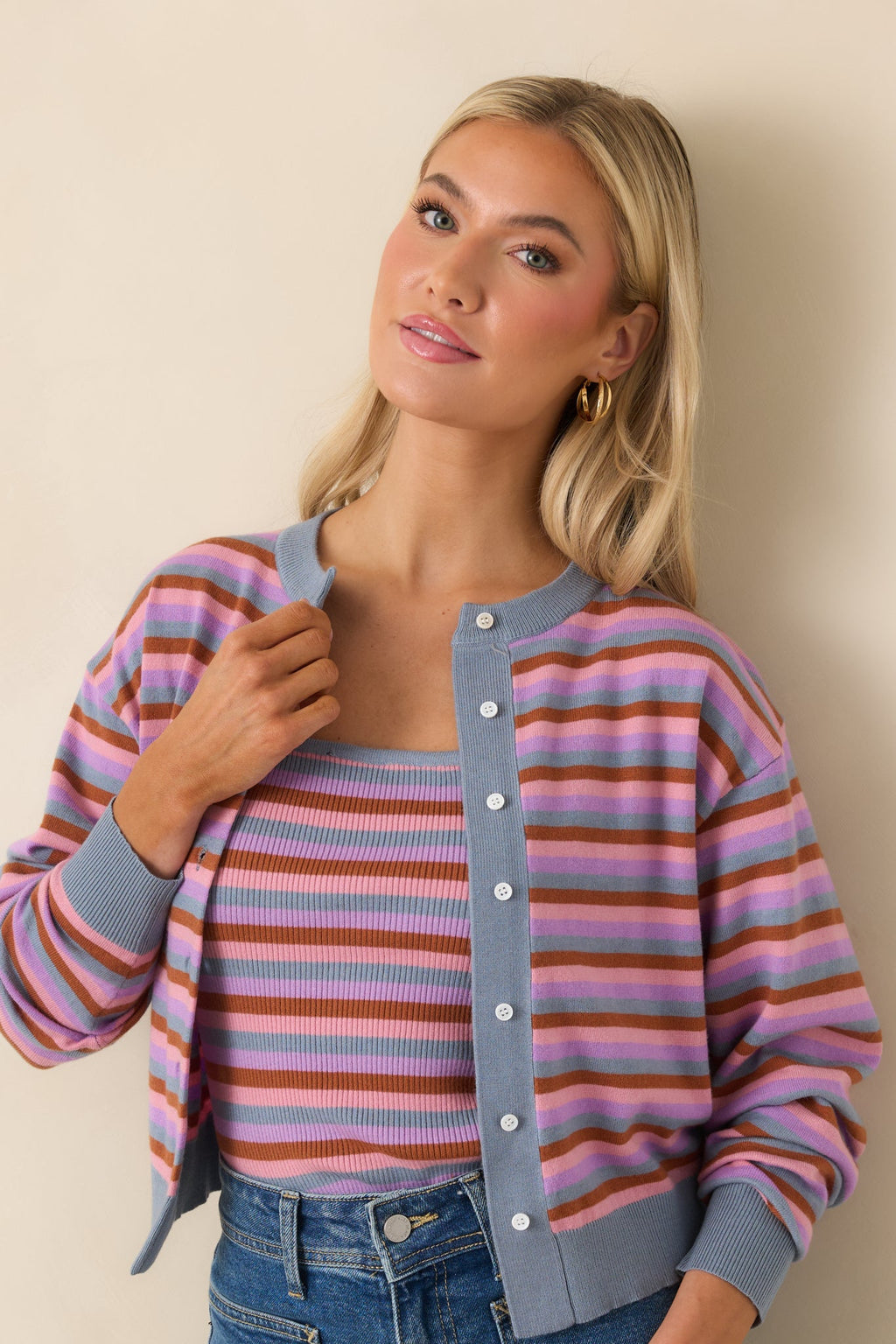 FRNCH Adria Light Blue Multi Stripe Cardigan
