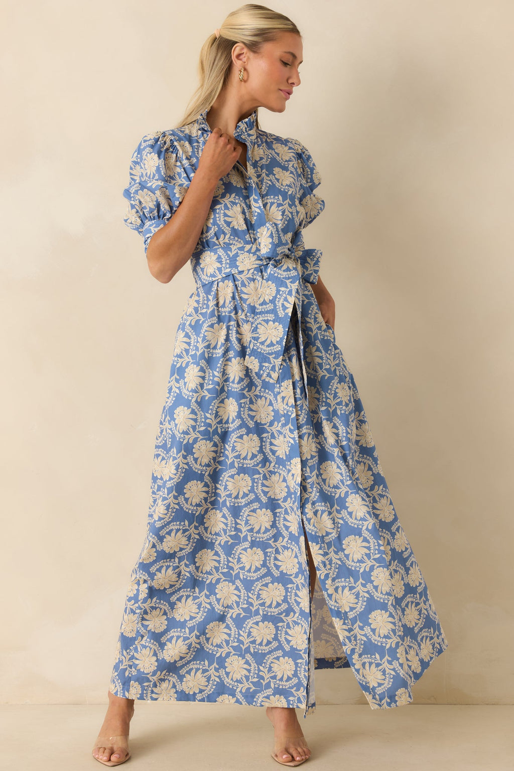 Prosperina Marianne Dusty Blue Floral Cotton Maxi Dress
