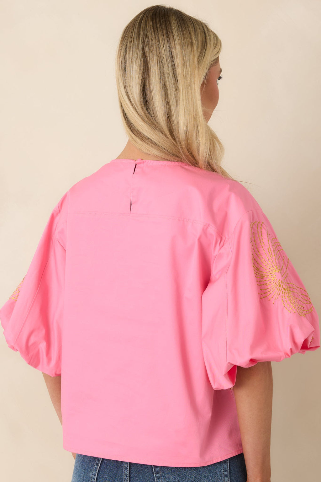 Pop of Play Pink Contrast Embroidered Cotton Top