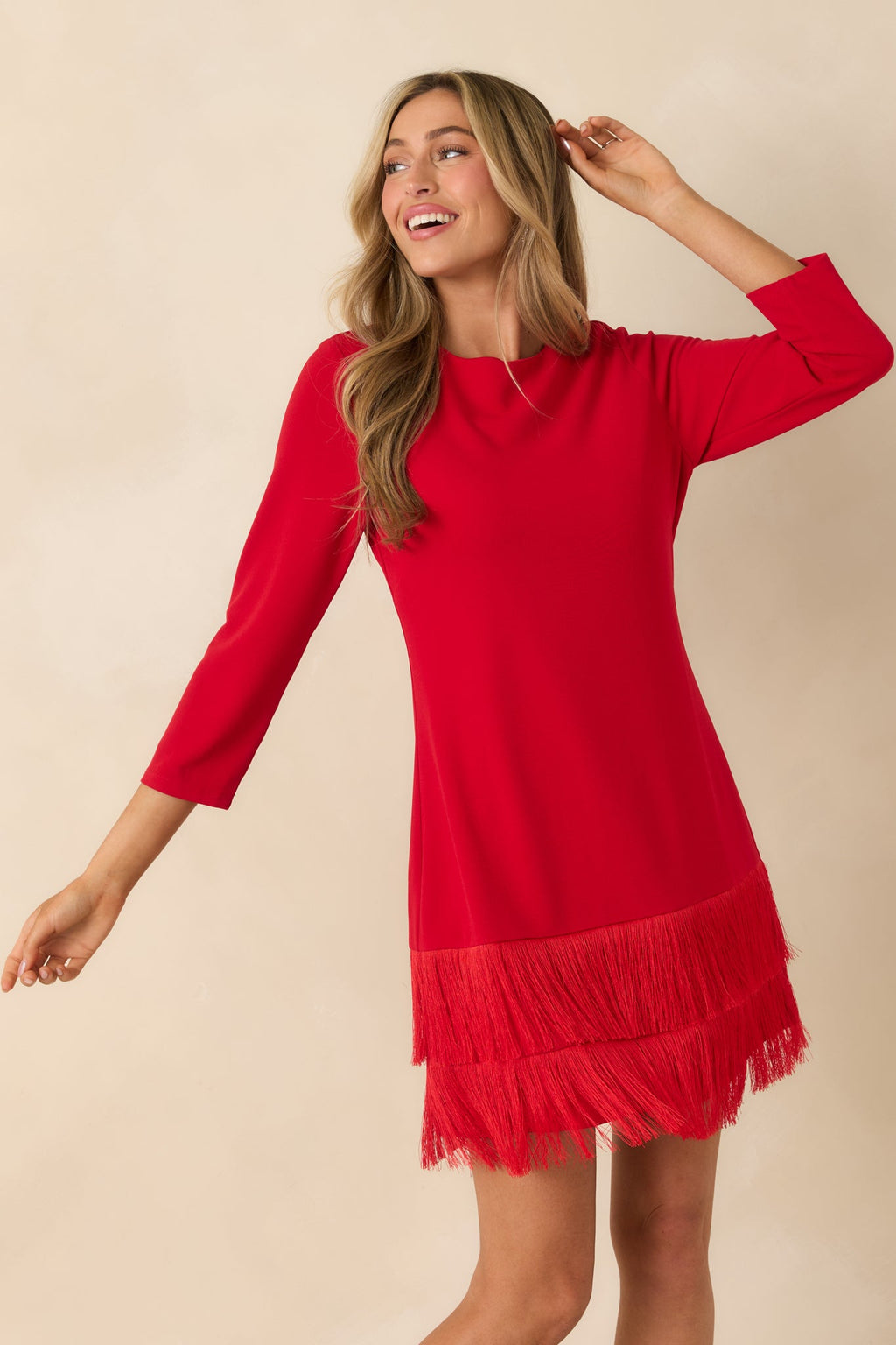 Coming In Hot Red 3/4 Sleeve Fringe Mini Dress