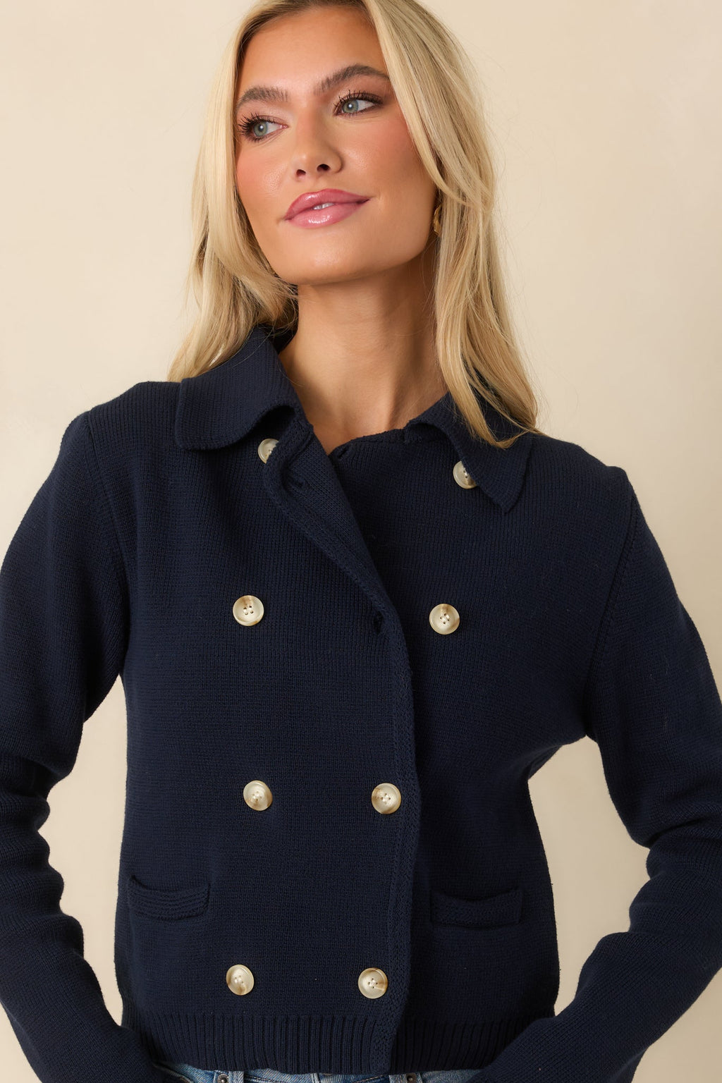 Well Kept Secrets Navy Knit Cotton Double Breasted Cardigan
