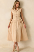Just Right Moments Beige Sleeveless Belted Maxi Shirt Dress