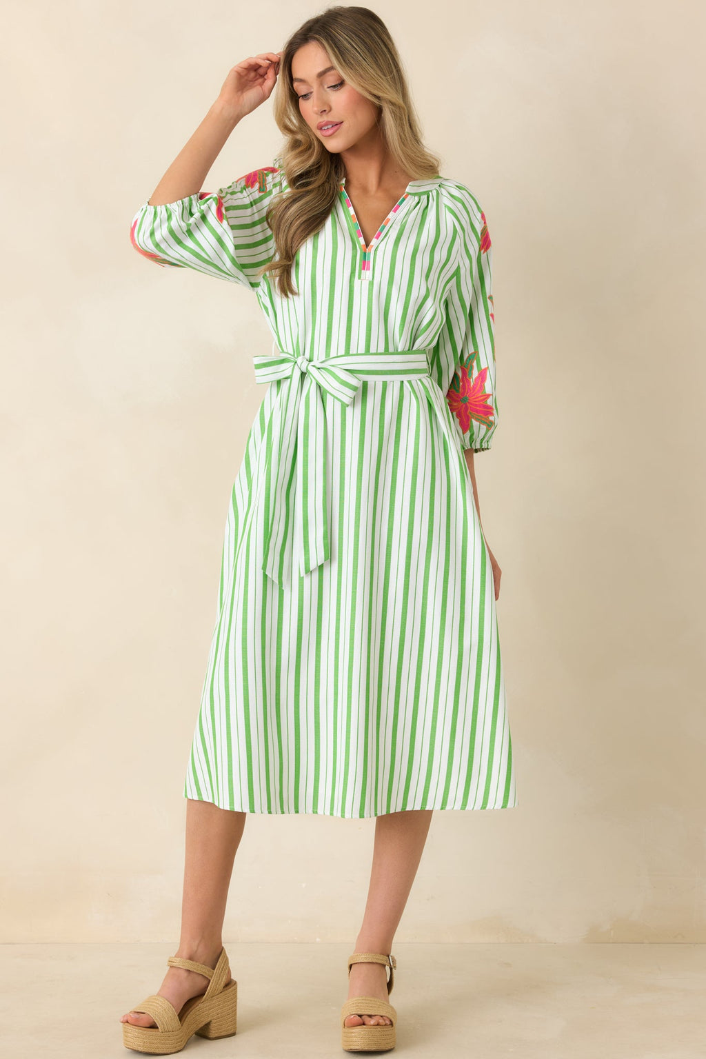 Having a Bright Outlook Green Stripe Floral Midi Dress