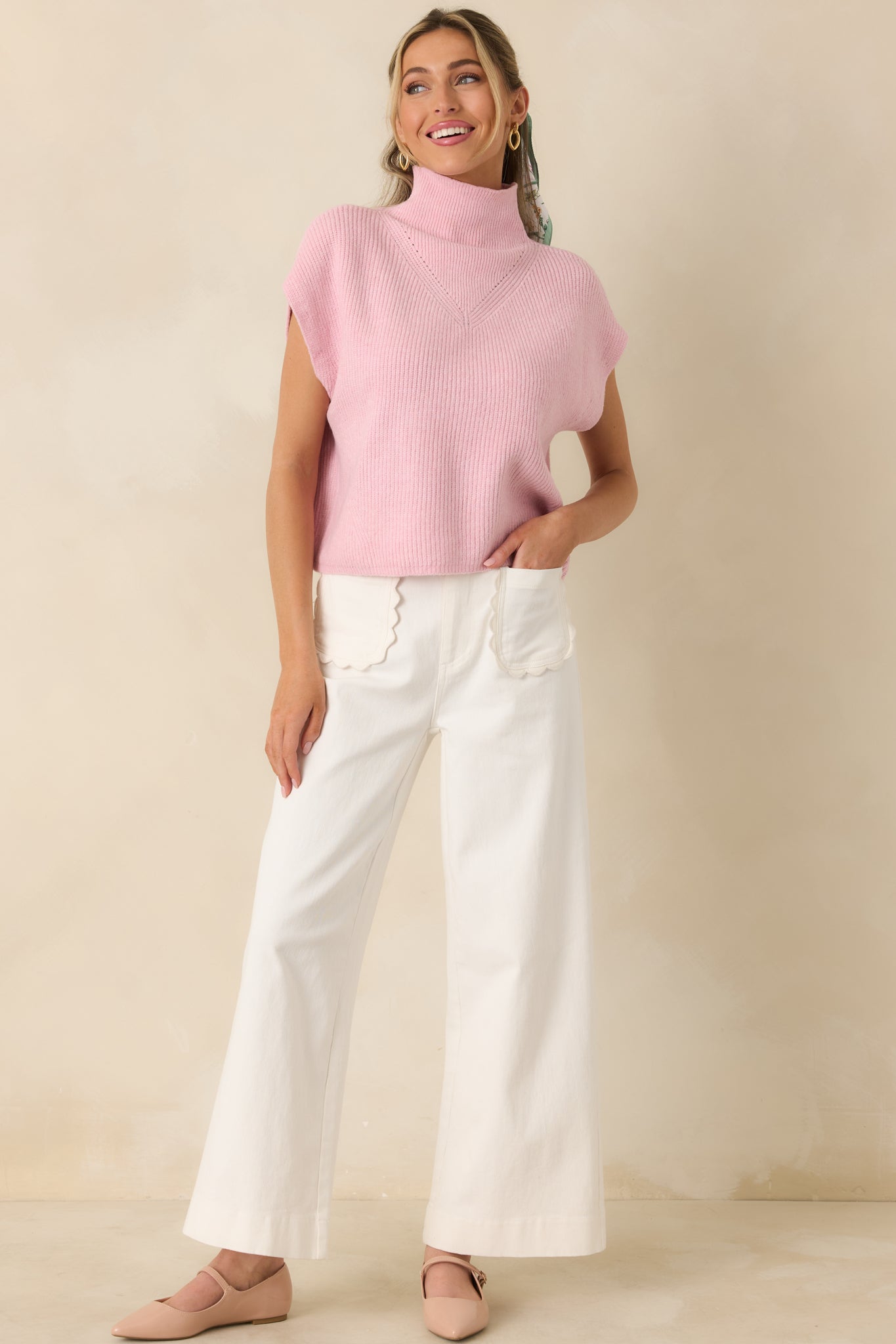 Cool Intentions Light Pink Ribbed Knit Mockneck Cap Sleeve Sweater