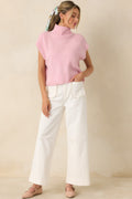 Cool Intentions Light Pink Ribbed Knit Mockneck Cap Sleeve Sweater