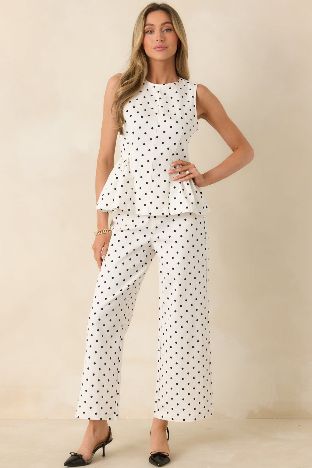 Pretty Little Thing Ivory Cotton Polka Dot Peplum Top