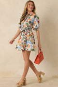 Retro Riviera Multi Tropical Print Tie-Belt Mini Shirt Dress
