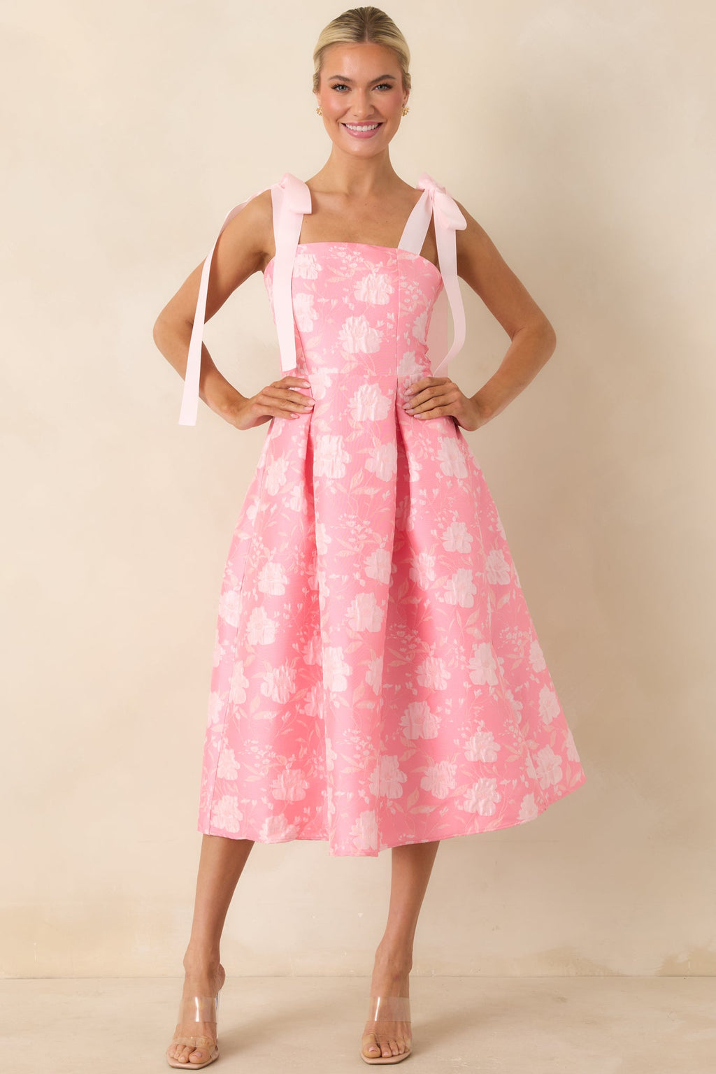 Sweet Disposition Pink Floral Jacquard Tie Strap Midi Dress