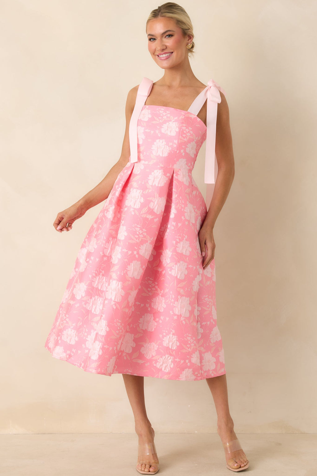 Sweet Disposition Pink Floral Jacquard Tie Strap Midi Dress