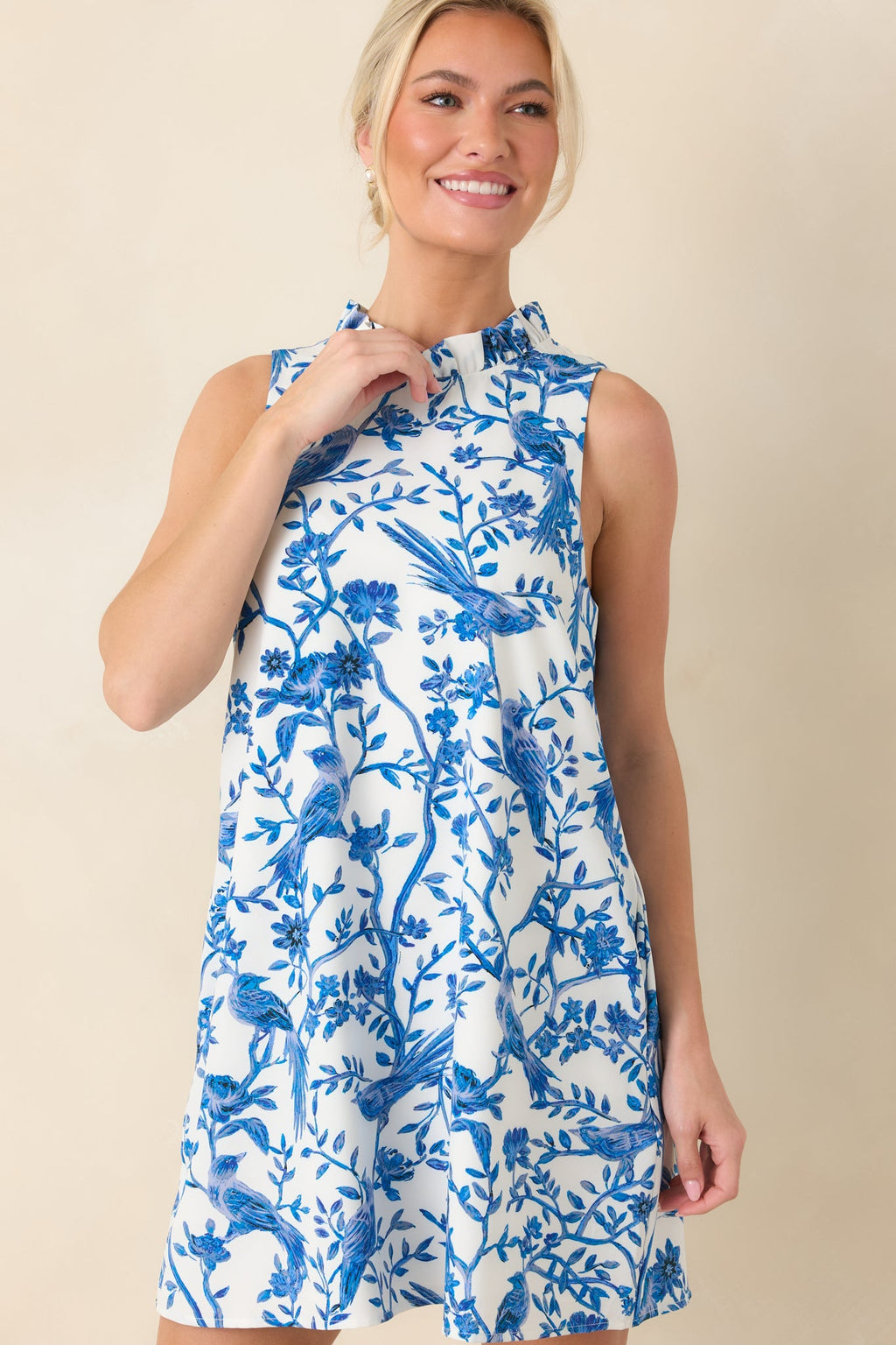 Garden Song Blue & White Bird Print Sleeveless Mock Neck Mini Dress