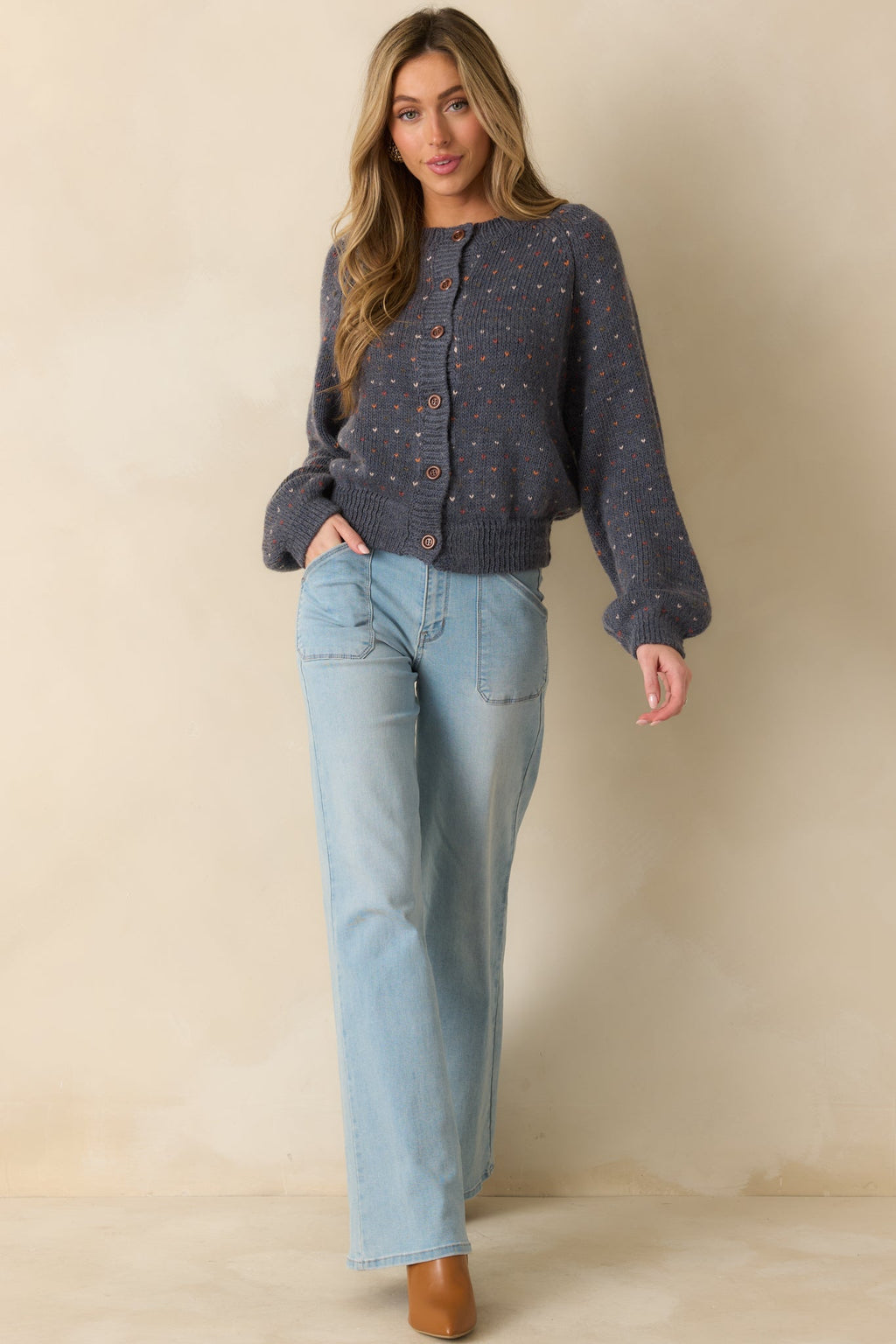 Sweet On You Navy Heather Knit Heart Button Up Cardigan Sweater