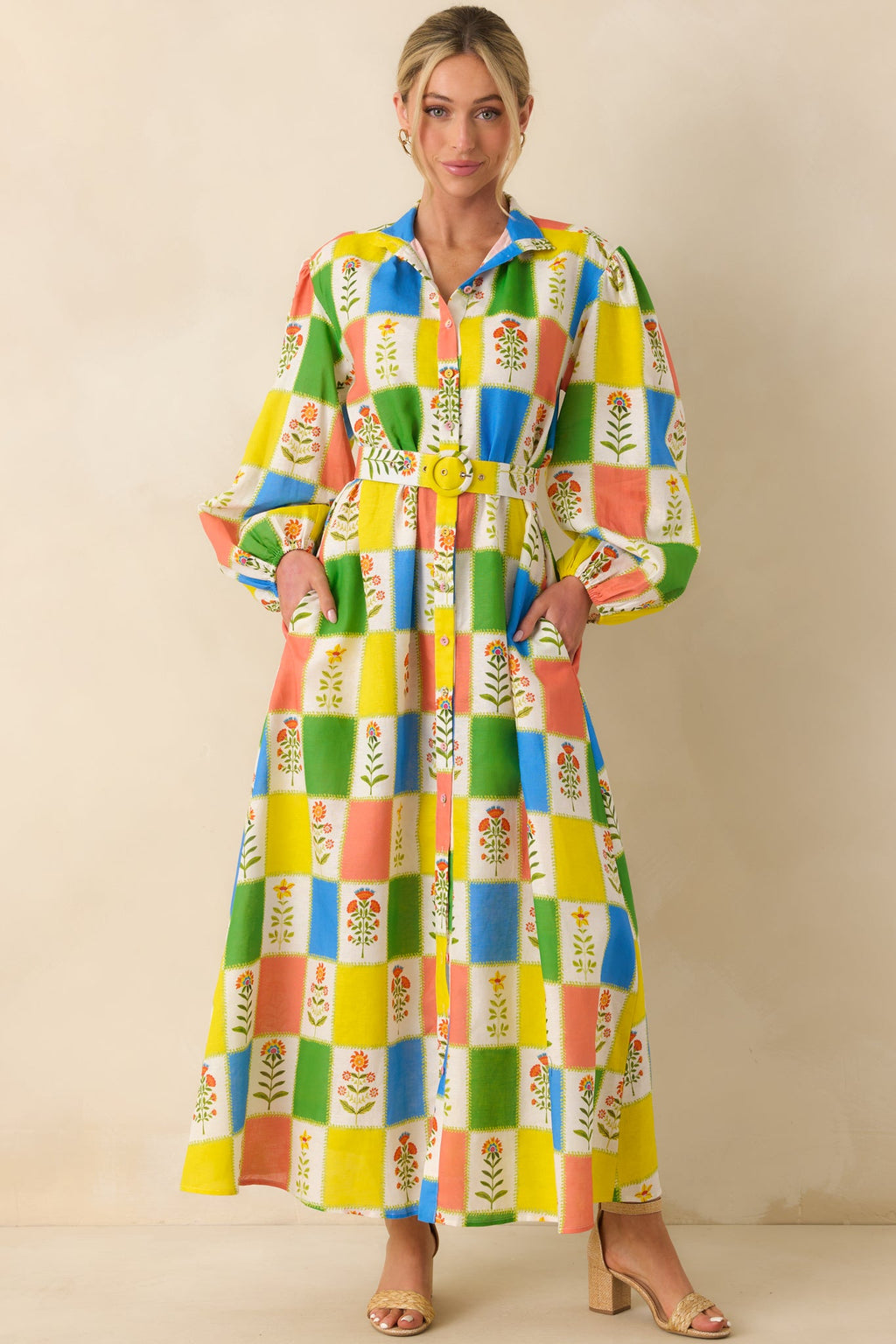 Prosperina Naomi Multi Floral Patchwork Linen Blend Maxi Dress