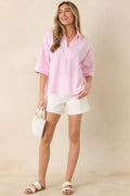 Leading Lines Pink Stripe Collared V-Neck Blouse