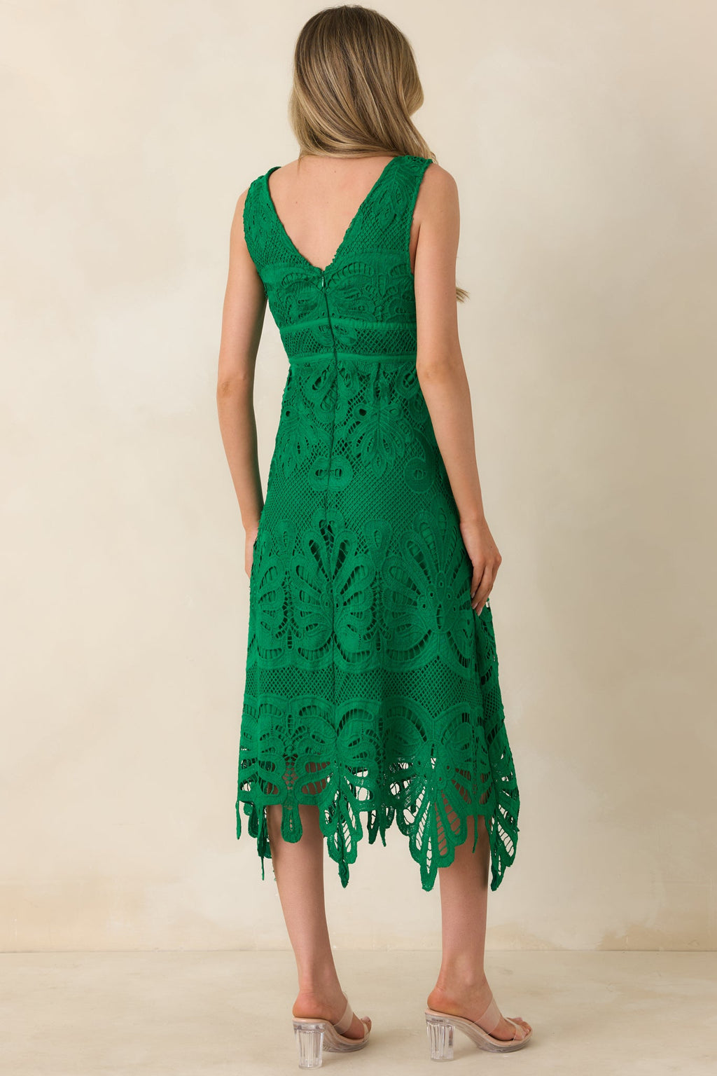 Where the Party Is Green Lace V-Neck Sleeveless Midi Dress