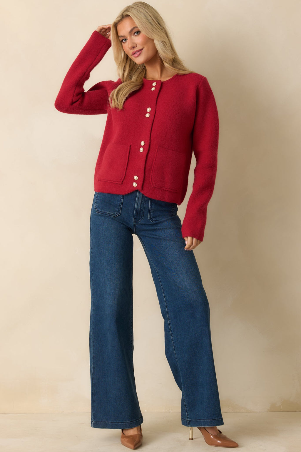 A Certain Something Red Knit Pearl Accent Button Up Cardigan