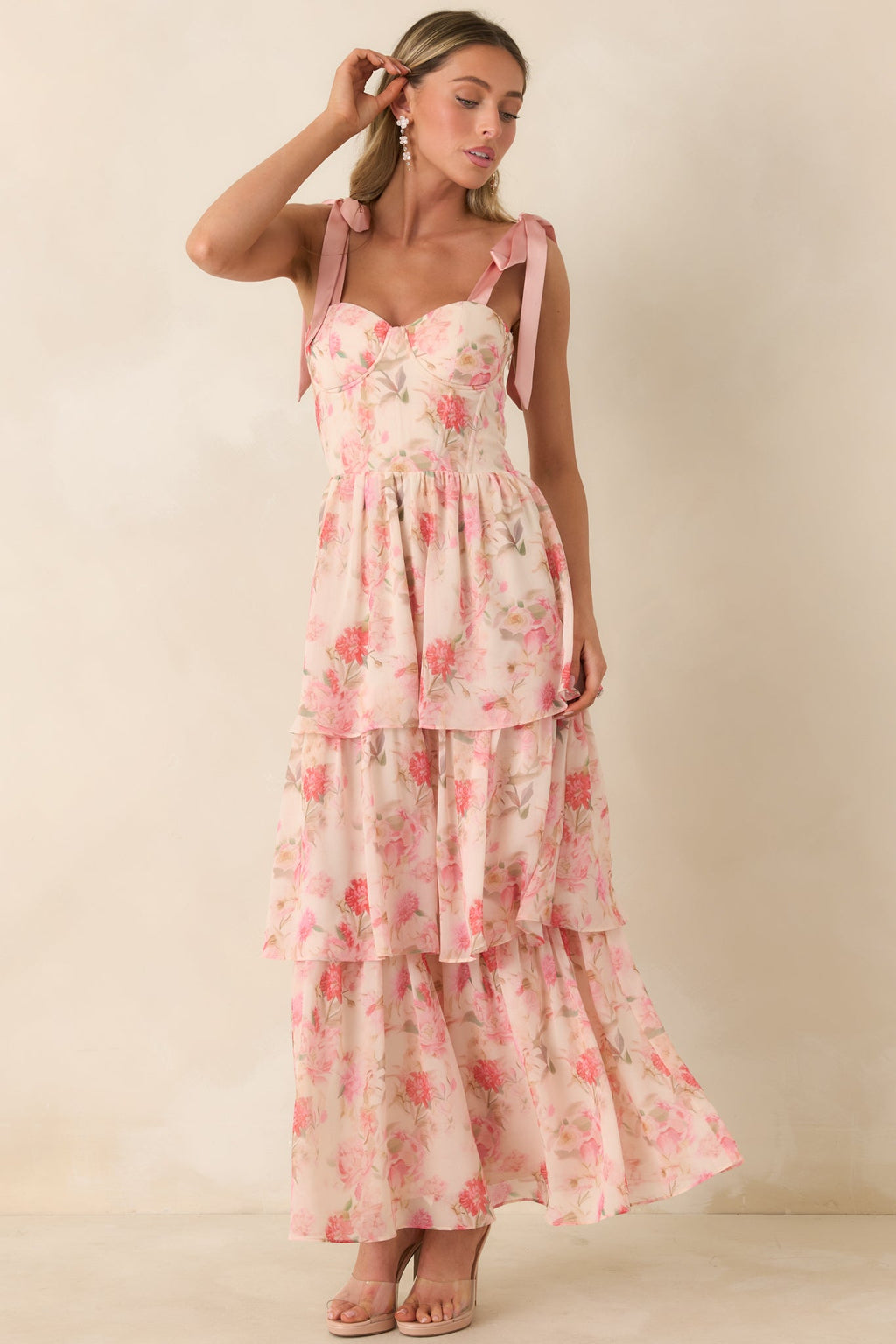 Written in Flowers Coral Pink Floral Tie Strap Maxi Dress