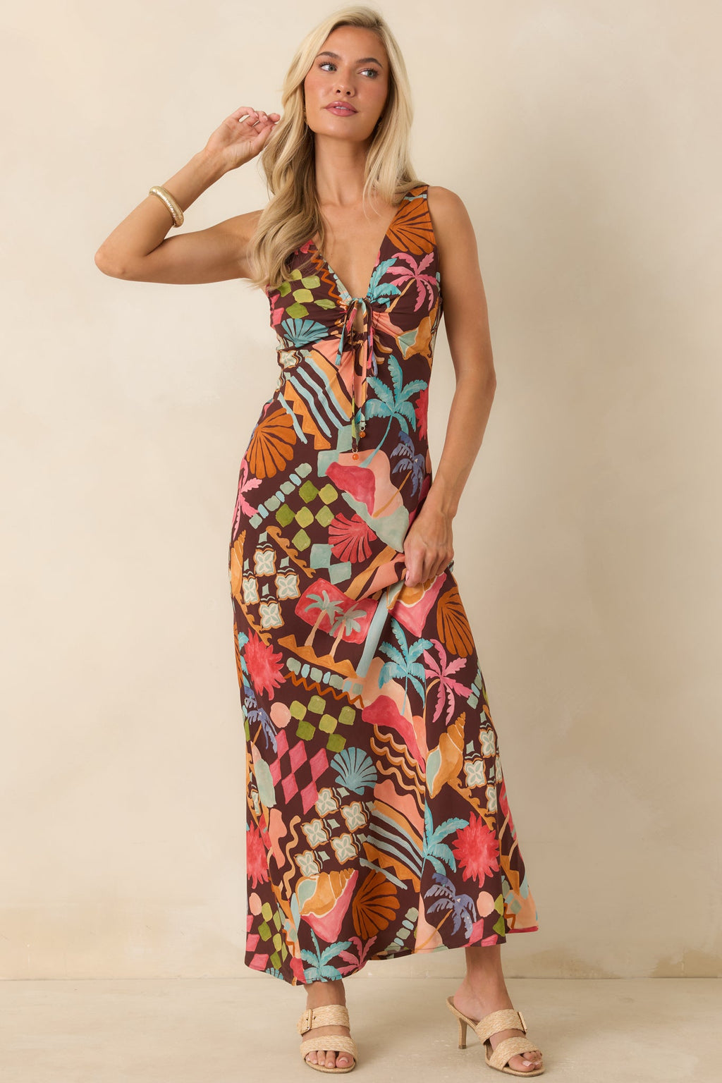 MINKPINK Isola Brown Multi Vintage Coastal Print Keyhole Midi Dress