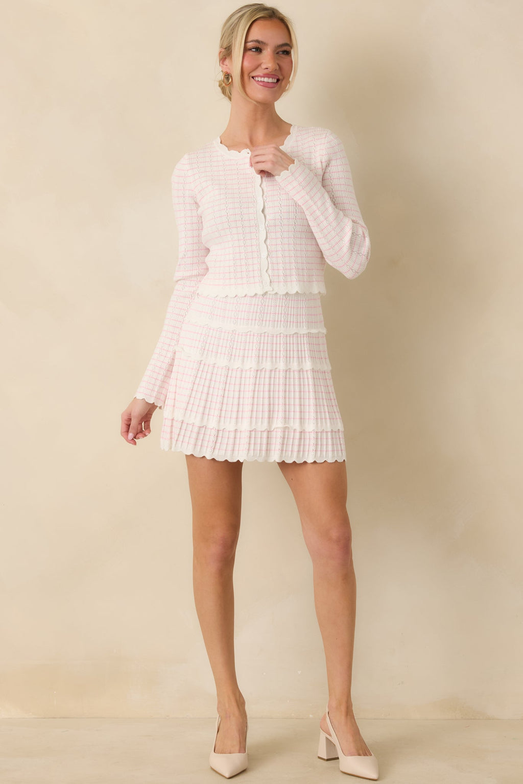 Soft Echoes White Stripe Pointelle Knit Button Up Cardigan